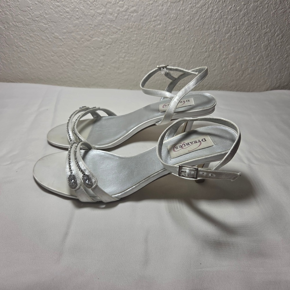 Dyeables Celine White Satin Rhinestone Strappy Kitten Heel Sandals 7.5B